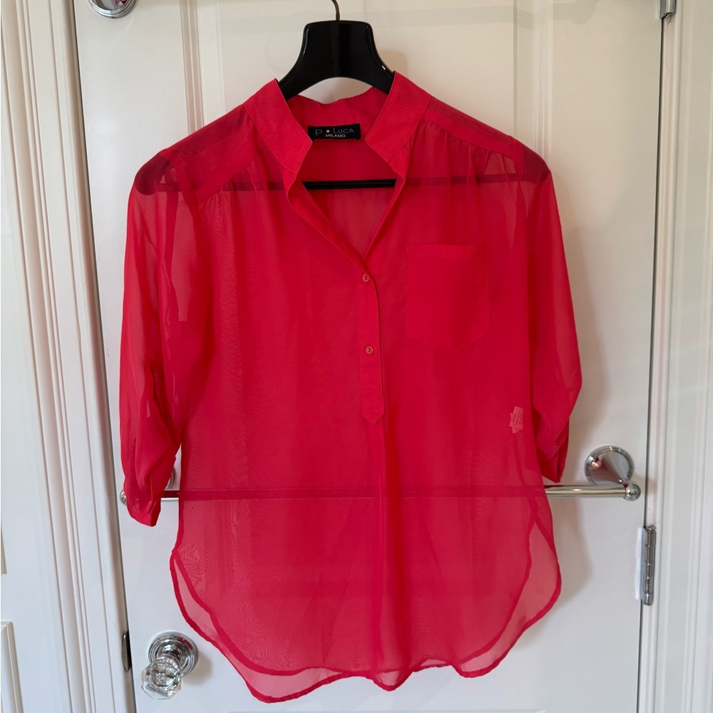 Women's Sheer Button-Up Blouse - Red